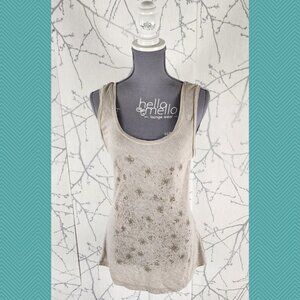 MEC Beige Floral Printed Tencel Linen Blend Scoop Neck Tank